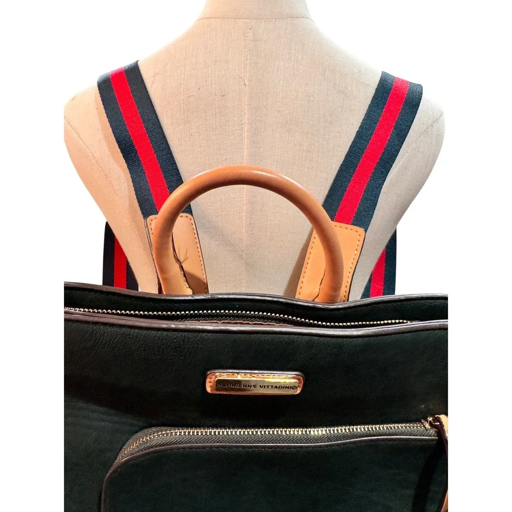 Adrienne Vittadini Green Faux Leather Bucket Backpack Bag with Tan Accents vegan